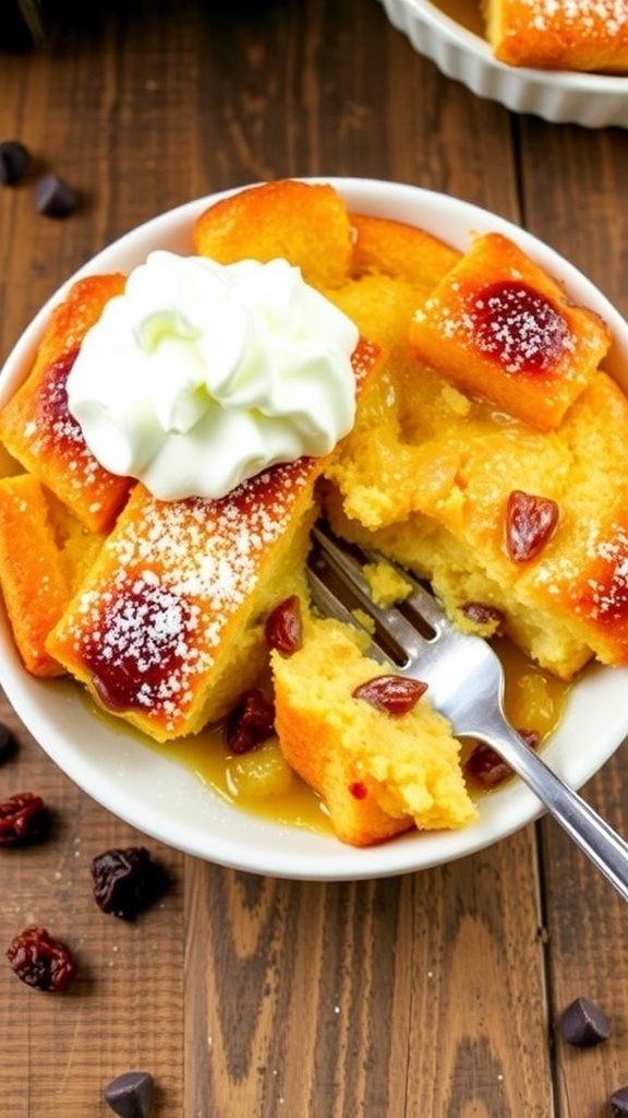 Air Fryer Bread Pudding Recipe A delicious serving of golden brown bread pudding with whipped cream and powdered sugar on a wooden table.